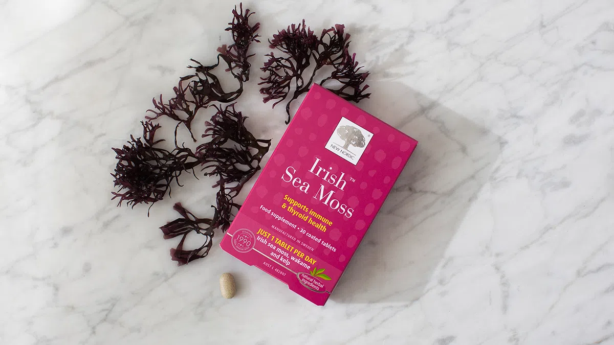 Home 17 A box of Irish Sea Moss tablets and irish sea moss.