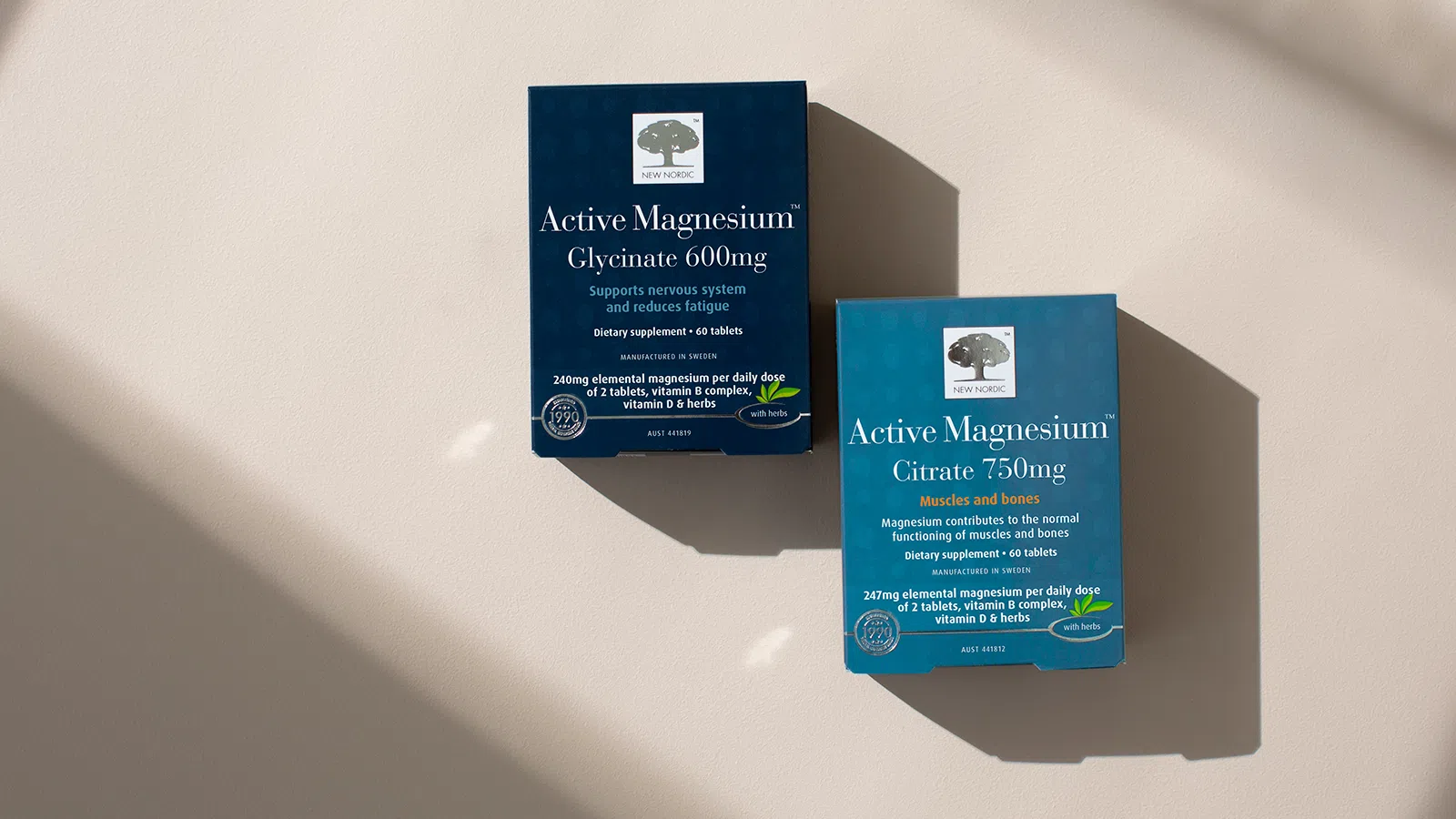 Blue packages of Active Magnesium™ Citrate 750 mg and Active Magnesium™ Glycinate 600 mg displayed together.