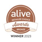 Alive Retailer Choice Awards bronze winner badge, circular brown design with ribbon, labeled “Winner 2023.”