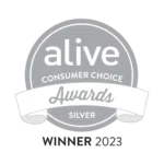 Alive Consumer Choice Awards silver winner badge, labeled “Winner 2023.”