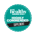 Badge showing The Healthy Awards 2018 highly commended recognition in the supplement category.