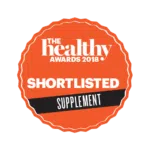 Badge showing The Healthy Awards 2018 shortlist recognition in the supplement category.