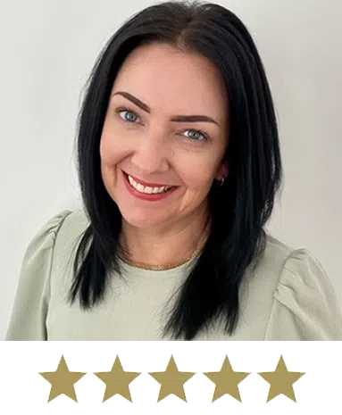 Hair Volume⢠Tablets 12 Woman smiling with five stars displayed underneath.