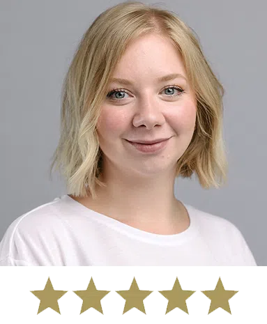Hair Volume⢠Tablets 9 Woman smiling with five stars displayed underneath.