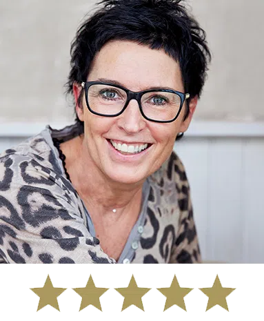 Hair Volume⢠Tablets 10 Woman smiling with five stars displayed underneath.
