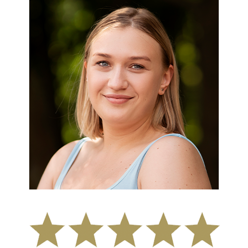 Woman displayed with five stars underneath.