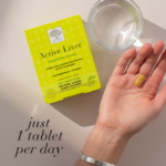 The Active Liver™ package displayed with a glass of water, a tablet and text Just 1 tablet per day.