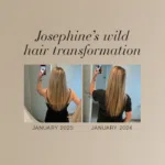 Text Josephine’s hair transformation followed by a before and after image showing that her hair has become thicker in only 1 year.
