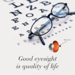 Image with glasses and an eye chart with text Good eyesight is quality of life.