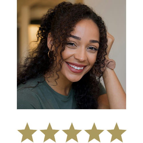 Woman smiling with five stars displayed underneath.