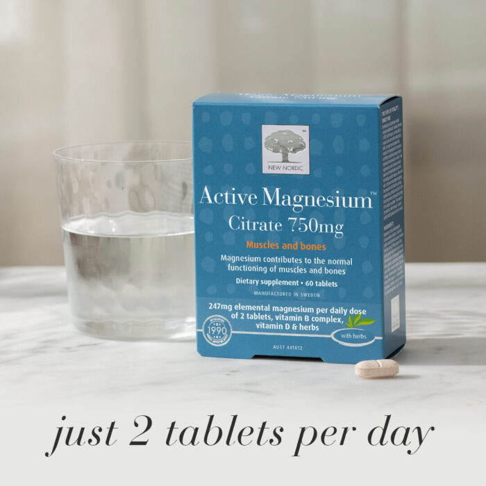 Active Magnesium™ Citrate 750mg Tablets package with text "Just 2 tablets per day".