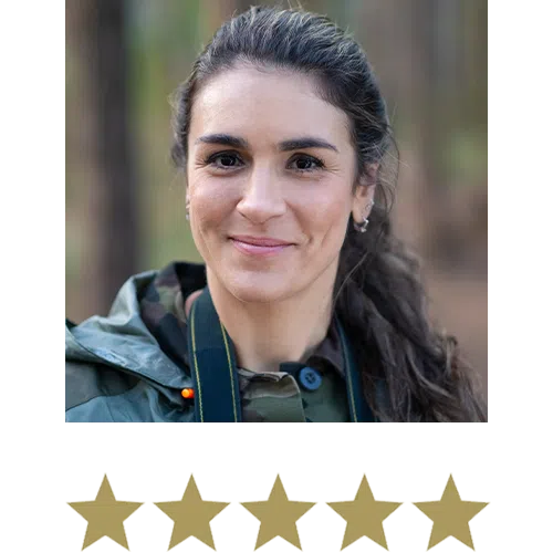 Woman displayed with five stars beneath.