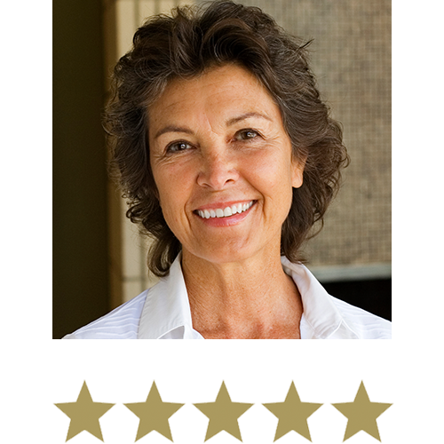 Woman smiling with five stars displayed underneath.