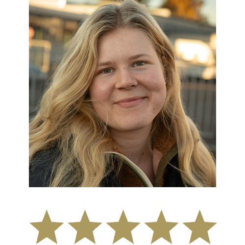 Woman smiling with five stars displayed underneath.