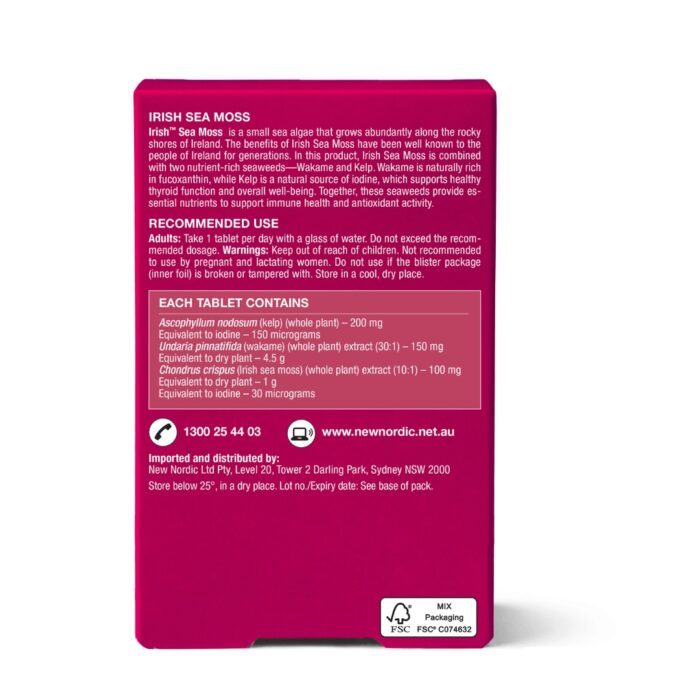 Back of Irish™ Sea Moss Tablets package.