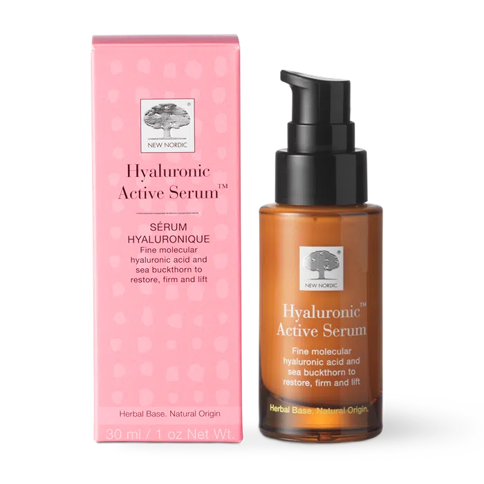 New Nordic Hyaluronic Active™ Serum, moisturises, soothes, and lifts for younger-looking skin with hyaluronic acid, sea buckthorn, and squalene.