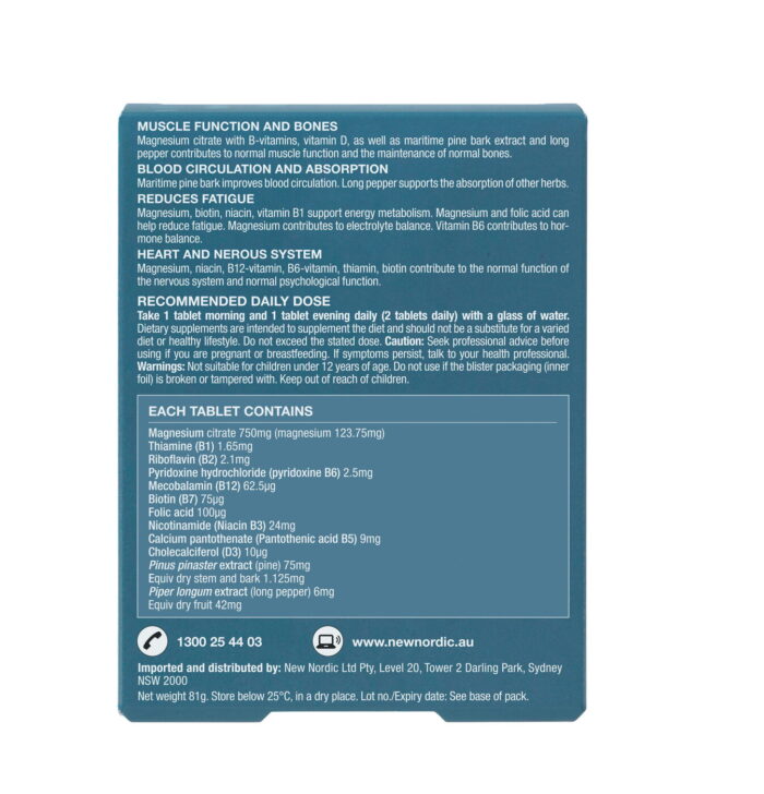 Back of the Active Magnesium™ Citrate 750mg Tablets package.