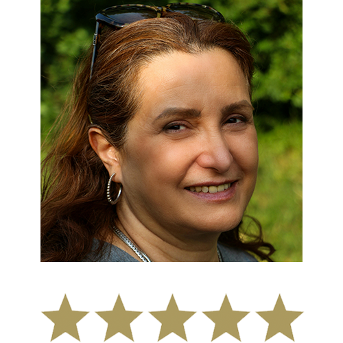 Woman smiling with five stars beneath