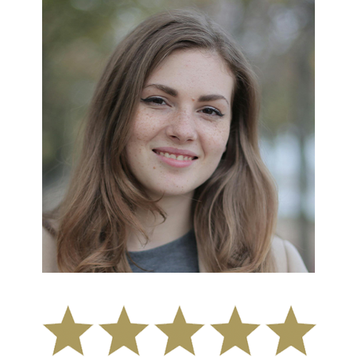 Woman smiling with five stars beneath