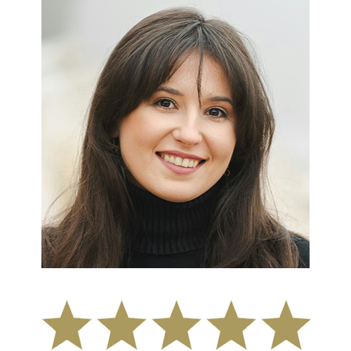 Woman smiling with five stars beneath