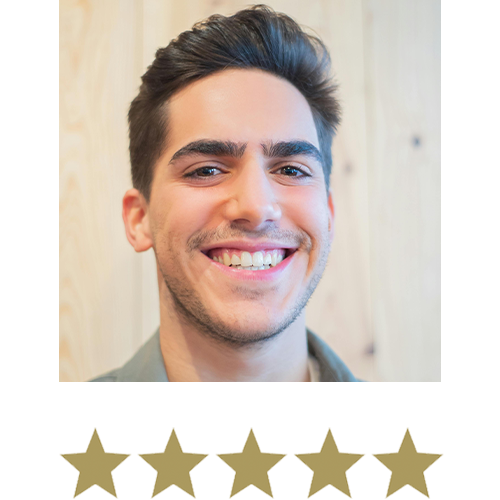 Man smiling with five stars beneath