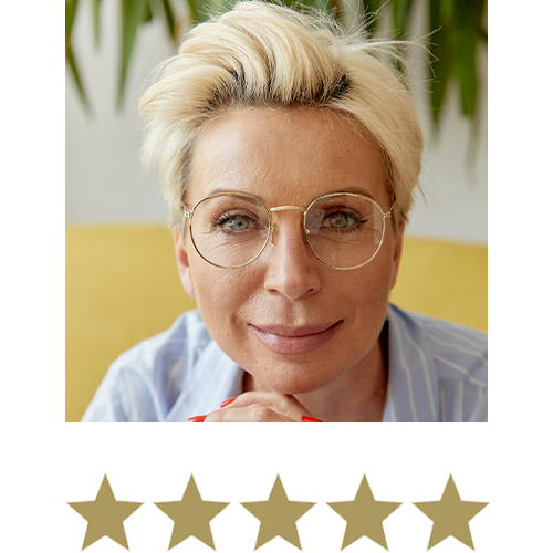 Testimonial displayed with 5 stars beneath.