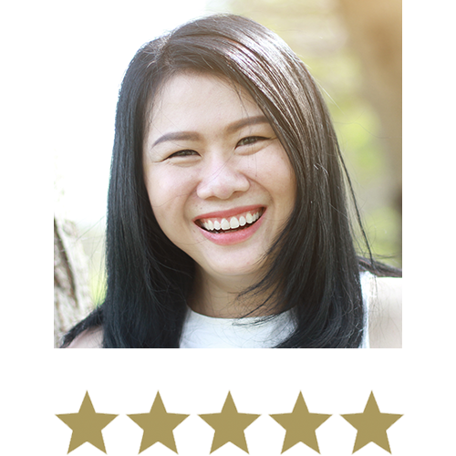 Woman smiling with five stars beneath