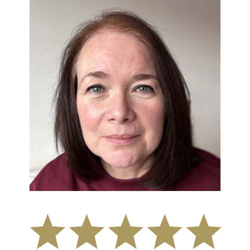Woman smiling with five stars beneath