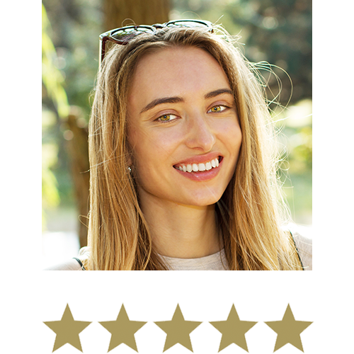 Woman smiling with five stars beneath