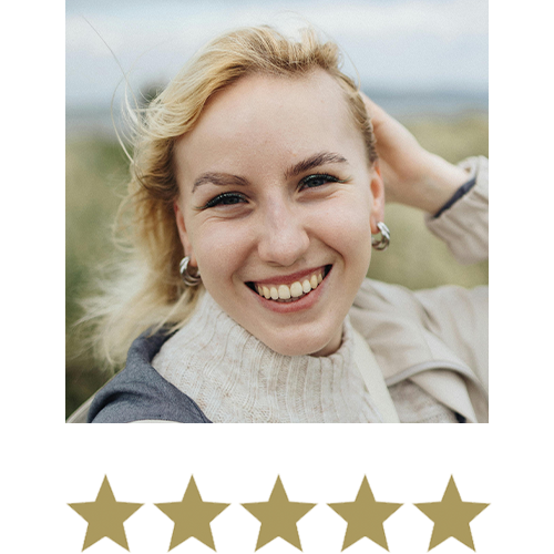Woman smiling with five stars beneath
