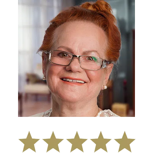 Woman smiling with five stars beneath