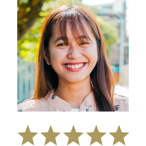 Woman smiling with five stars beneath