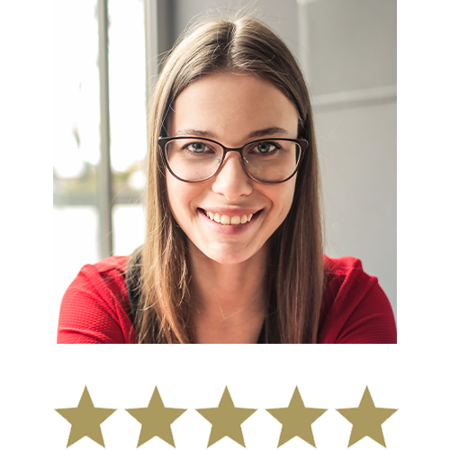 Woman smiling with five stars beneath
