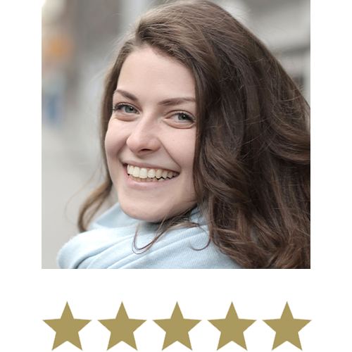 Woman smiling with five stars beneath