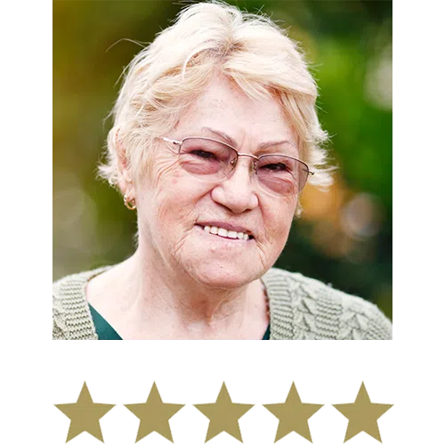Woman smiling with five stars beneath
