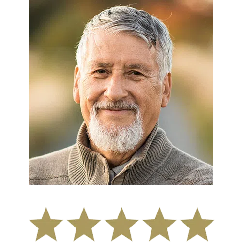Man smiling with five stars beneath