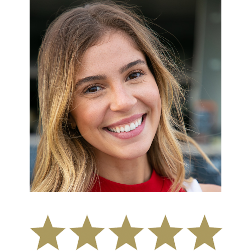 Woman smiling with five stars beneath