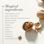 Walnuts with a list of Clear Brain™ ingredients, including pomegranate, green tea, ginkgo biloba and B vitamins.