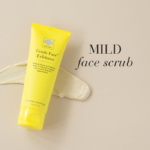 The yellow Gentle Face™ Exfoliator tube with text MILD face scrub.