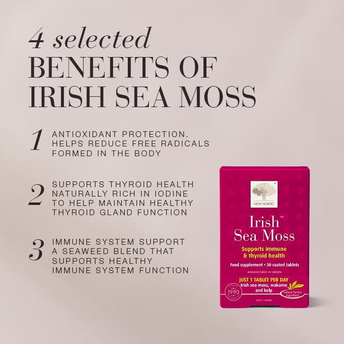 Infographic featuring four selected benefits of New Nordic Irish Sea Moss™ and the product packaging.