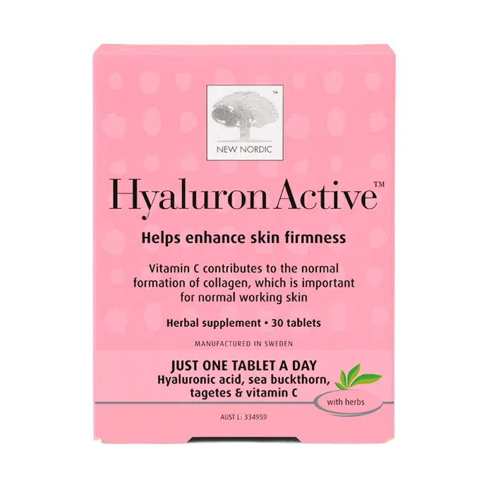 Image of New Nordic Hyaluron Active™ tablets, help maintain skin fullness and youthful radiance with hyaluronic acid and sea buckthorn.