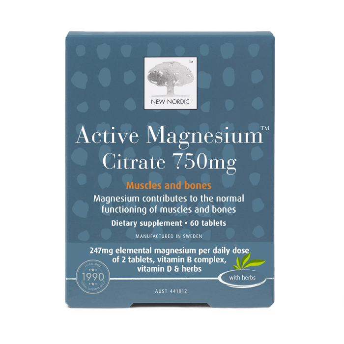 New Nordic Active Magnesium Citrate™ tablets help maintain muscles, nerves, energy, heart, and microcirculation, and contribute to reduced tiredness, with B vitamins, magnesium, maritime pine bark, and long pepper. Image of product.