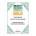 Certificate showing Beauty Awards London gold award recognition with decorative green border.