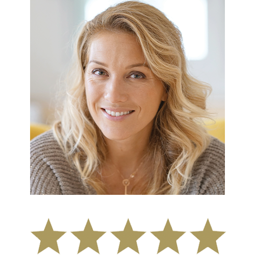 Natural Woman smiling, with five stars beneath