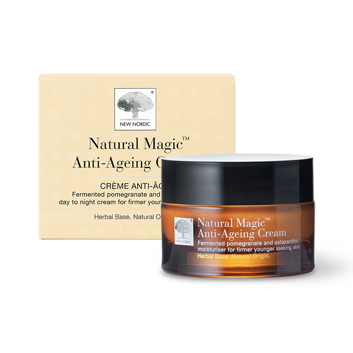 New Nordic Natural Magic™ Anti-Ageing Cream, reduces wrinkles while moisturizing, firming, smoothing, and brightening skin with pomegranate, astaxanthin, and sunflower oil.