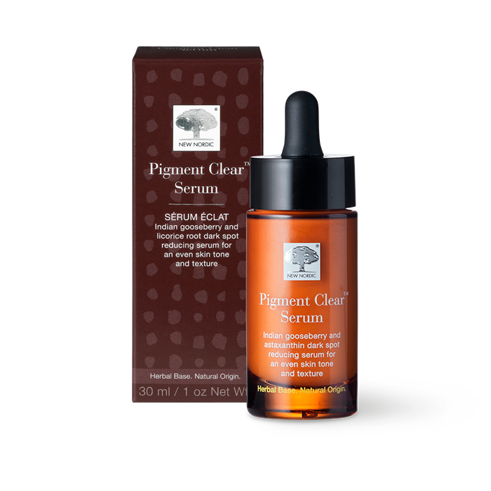 New Nordic Pigment Clear™ Serum, brightens and evens skin tone with hyaluronic acid, shea butter, sunflower oil, and plant extracts.
