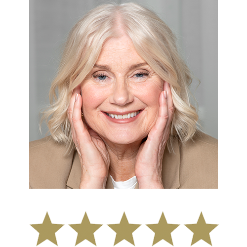 Woman smiling with five stars displayed underneath.