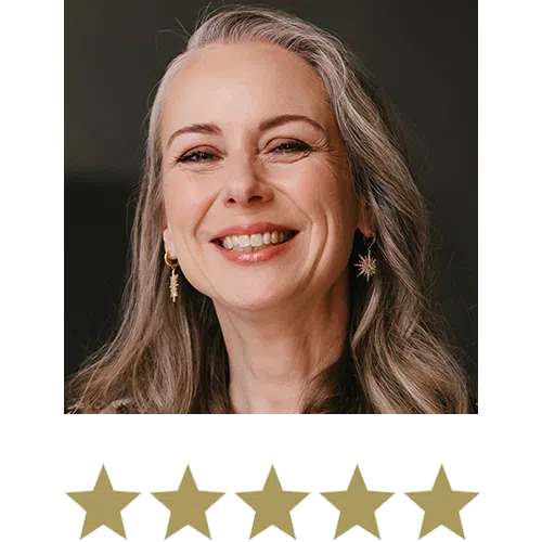 Woman smiling with five stars displayed underneath.