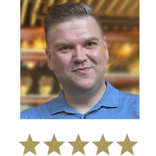 Man smiling with five stars displayed underneath.