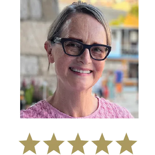 Woman smiling with five stars displayed underneath.